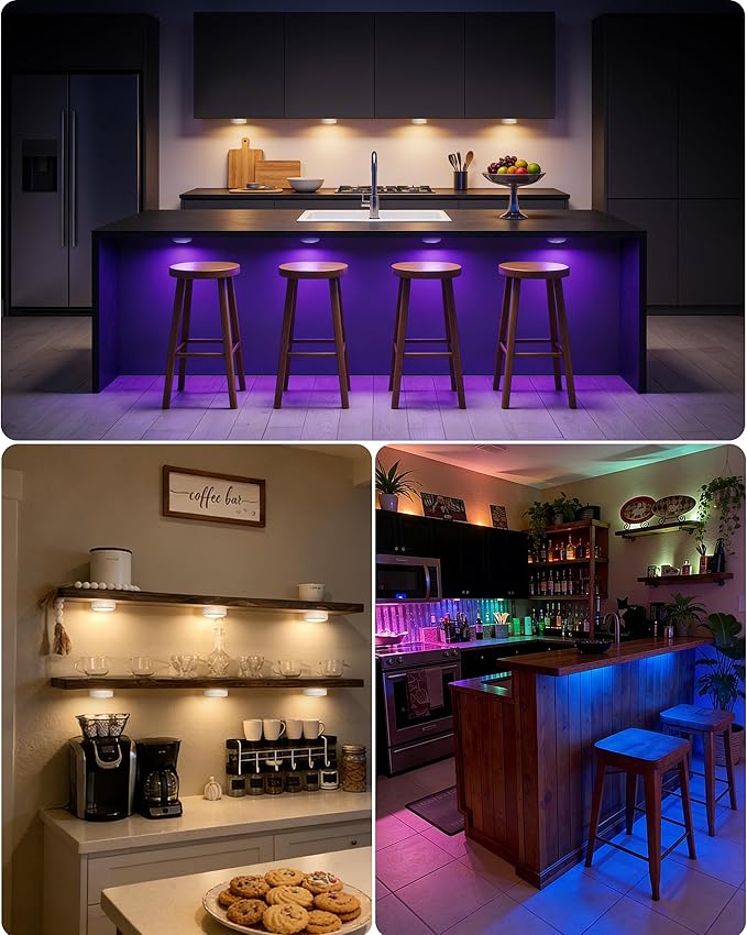 Cabinet Lights, Battery Operated LED Puck Lights with Remote Control & Timer, Warm White & RGB Multi Color Stick on Tap Push Light for Kitchen, Under Counter, Shelf, Display Case, 6 Pack, White