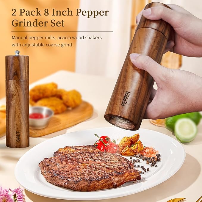 XWXO 2 Pack Acacia Wooden Salt and Pepper Grinder Set 8 Inches Refillable Salt and Pepper Mills Adjustable Coarseness, Acacia Wood with Ceramic Core Peppercorn Shaker Tableware Birthday Gifts - Image 6
