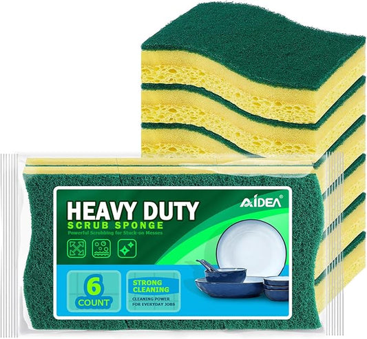 AIDEA Heavy-Duty Scrub Sponges, 6Count, Sponges for Non-Coated Cookware, Kitchen Sponge for Dishes, Scrubbing Power for Tough Messes, Cleaning Sponge for Kitchen, Bathroom, Household by AIDEAHOME