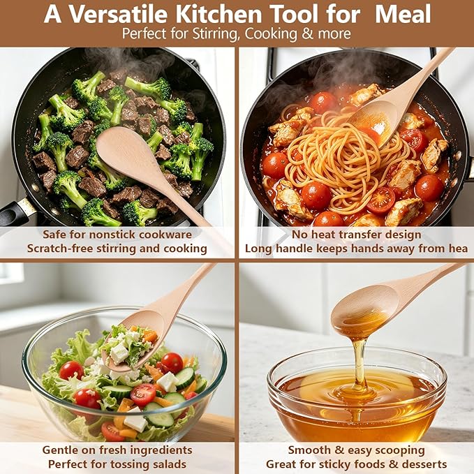 Cooking Wooden Spoons, MORGLES 14-Inch Serving Spoons for Stirring Mixing Serving Long Handle Plastic Free Reusable Non Scratch Dishwasher Safe, 3PCS