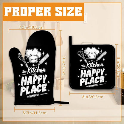 Funny Oven Mitts and Pot Holders Set,The Kitchen is My Happy Place Kitchen Decor Heat Resistant Non Slip Hot Pads and Oven Mitt for Chef Cooking Baking BBQ Mom Girl Gifts(4 Piece Set)