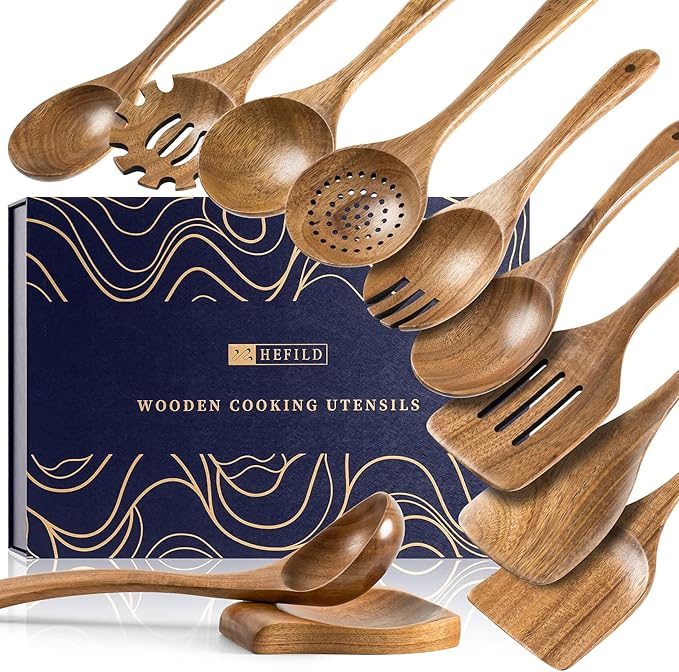 Wooden Spoons for Cooking, Nonstick Cooking Utensil Set with 10 Piece Acacia Wooden Spatulas and Spoons, as well as a Extra Whole Wood Spoon Rest, Terrific for Everyday Kitchen Tasks by HEFILD