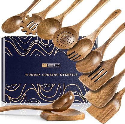 Wooden Spoons for Cooking, Nonstick Cooking Utensil Set with 10 Piece Acacia Wooden Spatulas and Spoons, as well as a Extra Whole Wood Spoon Rest, Terrific for Everyday Kitchen Tasks by HEFILD