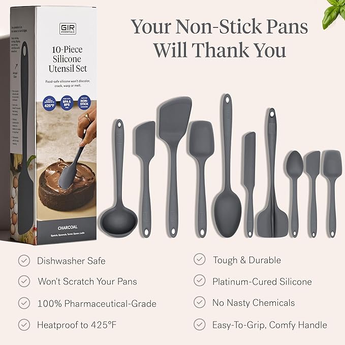 GIR: Get It Right 10-Piece Silicone Essentials Kitchen utensils set - Ladle, Spatula, Flip, Spoon & Spoonula - Non toxic cooking utensils for Nonstick Cookware, Cooking and Baking - Charcoal - Image 4