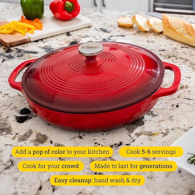 Lodge Essential Enamel Braiser - Refrigerator- & Oven-Safe up to 500° F - Heat-Retaining, Induction-Safe & PFAS-Free Enamel Cookware - 3.5 Quart, Island Spice Red - Image 2