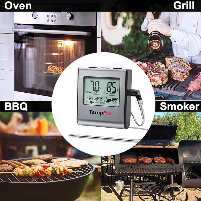 TempPro TP16 Large LCD Digital Cooking Food Meat Thermometer for Smoker Oven Kitchen BBQ Grill Thermometer Clock Timer with Stainless Steel Temperature Probe(Previously ThermoPro) - Image 7