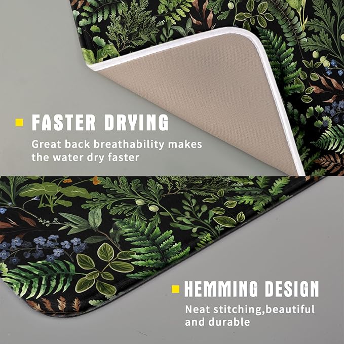 Black Sage Green Plant Dish Drying Mat for Kitchen Counter,Vintage Botanic Fern Leaves Floral Drying Mat 16 x 18 Inch with Absorbent Reversible Microfiber Drying Pad for Coffee Bar - Image 3