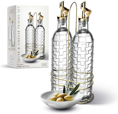 COOK WITH COLOR Glass Olive Oil Bottle Dispenser - 2 Pack- 17oz Oil and Vinegar Cruet - Olive Oil Carafe Decanter for Kitchen, Checkered, Clear by CookwithColor