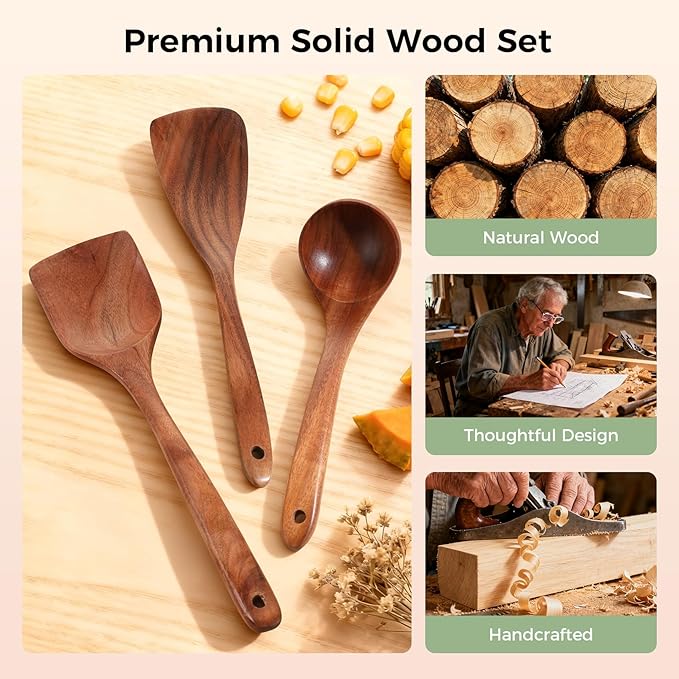 Wooden Spoons for Cooking - 7 Pieces Wooden Kitchen Utensils Set, Smooth Natural Teak Wood Utensil Set, Nonstick Heat-Resistant Cooking Utensils - Lightweight & Sturdy, Wooden Spatula for Cooking - Image 6