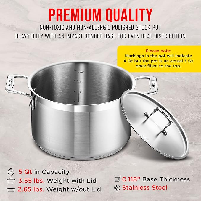 Stainless Steel Stockpot with Lid 5 Quart, Durable 18/8 Stainless Steel, Impact-Bonded Base for Even Heating, Riveted Handles, Oven & All Stove Compatible, Safe Up To 500°F (260°C) - Image 6