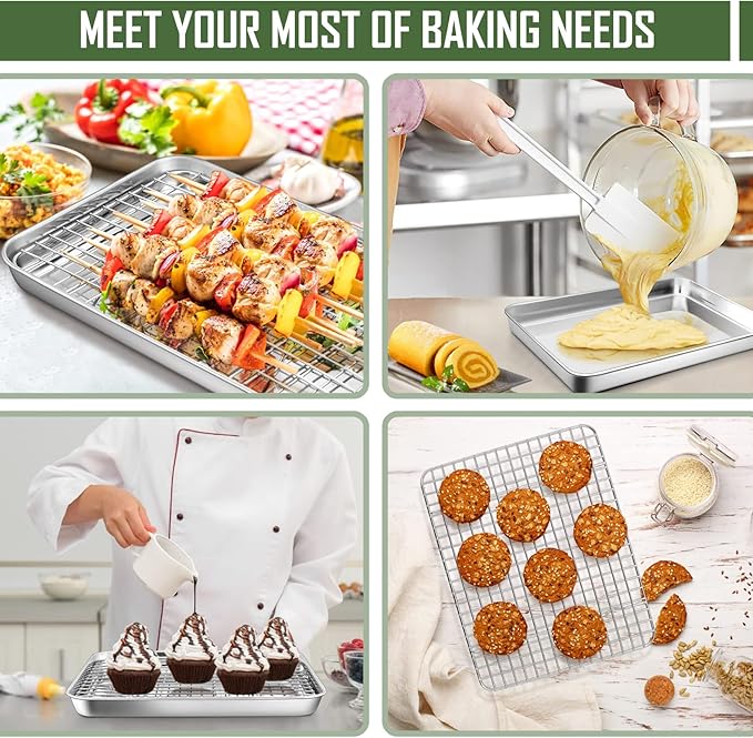 10.4 Inch Baking Sheet Pan with Cooling Rack Set, Joyfair Stainless Steel Toaster Oven Tray Pans with Grid Racks, Rectangular Bakeware for Cookie/Bacon, Heavy Duty & Rust-free, Dishwasher Safe