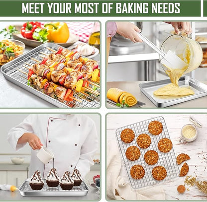 10.4 Inch Baking Sheet Pan with Cooling Rack Set, Joyfair Stainless Steel Toaster Oven Tray Pans with Grid Racks, Rectangular Bakeware for Cookie/Bacon, Heavy Duty & Rust-free, Dishwasher Safe