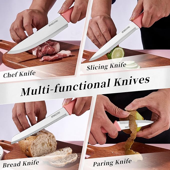 Knife Set, 14-Piece Kitchen Knives Set with Block, Built-in Sharpener, German High Carbon Stainless Steel, Ergonomic Non-Slip Handles, Peach Pink - Image 6