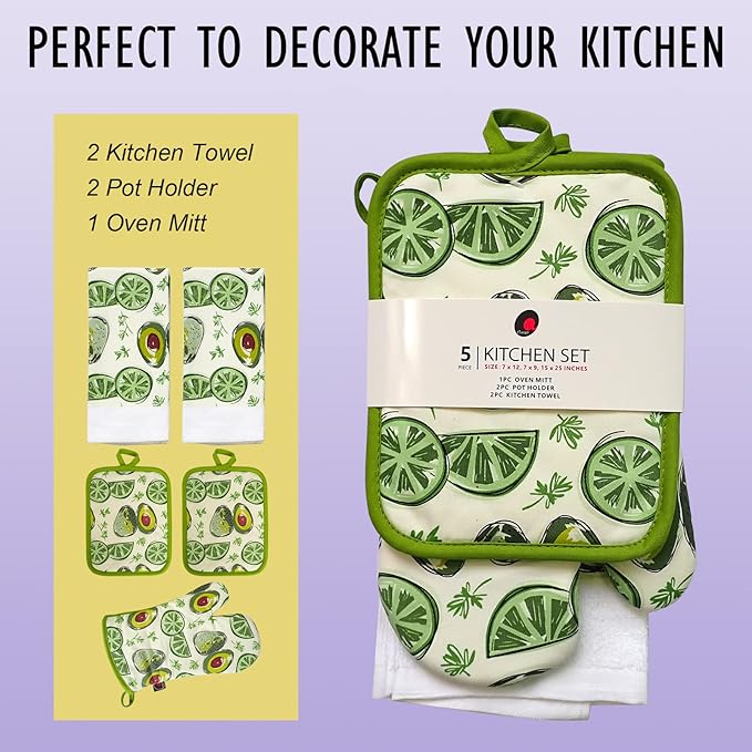 Oven Mitts and Potholders Dish Towles Set 100% Cotton for Perfect for Gifting, Baking and Everyday Cooking Durable Heat Resistant for Kitchen (5-Piece Lemon Avocado) - Image 2