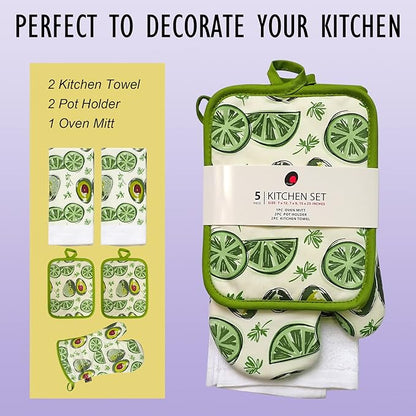Oven Mitts and Potholders Dish Towles Set 100% Cotton for Perfect for Gifting, Baking and Everyday Cooking Durable Heat Resistant for Kitchen (5-Piece Lemon Avocado) - Image 2