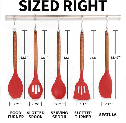 Zulay Kitchen Utensils Set Non-Stick Silicone Cooking Utensils Set with Authentic Acacia Wood Handles - 5 Piece Silicone Utensil Set - Kitchen Utensils Set with 464°F Heat Resistance - Red - Image 8