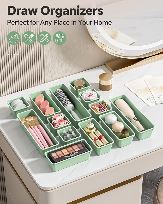 Canfanni 13 Pack Plastic Drawer Organizers Set, 3 Sizes Desk Drawer Organizer Trays for Vanity and Makeup Organizer, Organization and Storage for Makeup, Kitchen Utensils, Bathroom and Office(Green) - Image 6