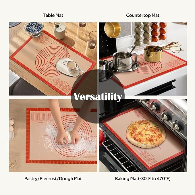 Non-slip Silicone Pastry Mat Extra Large with Measurements 16''By 26'' for Silicone Baking Mat, Counter Mat, Dough Rolling,Oven Liner,Fondant/Pie Crust By Folksy Super Kitchen Red - Image 5