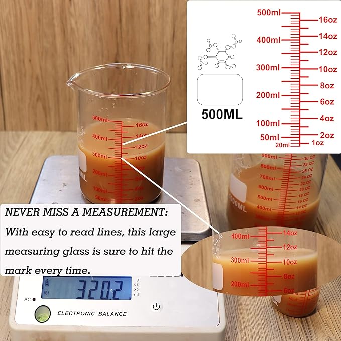 3 Piece High Borosilicate Glasss Liquid Measuring Cups, Includes 150ml(5OZ),250ml(8OZ),and 500ml(16OZ), Dishwasher, Freezer, Microwave, and Preheated Oven Safe, Essential Kitchen Tools - Image 6