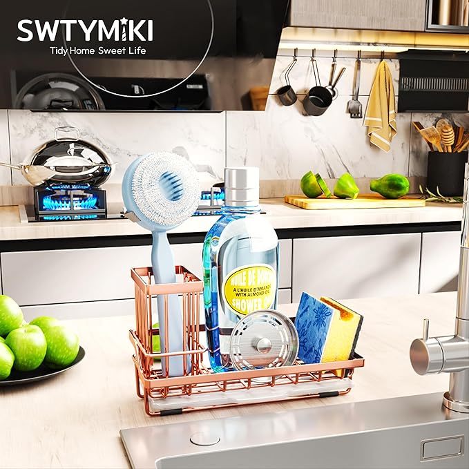 SWTYMIKI Sink Caddy Kitchen Sink Organizer with Detachable Brush Holder, Stainless Steel Sponge Holder with Removable Drip Tray Sponge Caddy for Kitchen Countertop, Rose Gold - Image 2
