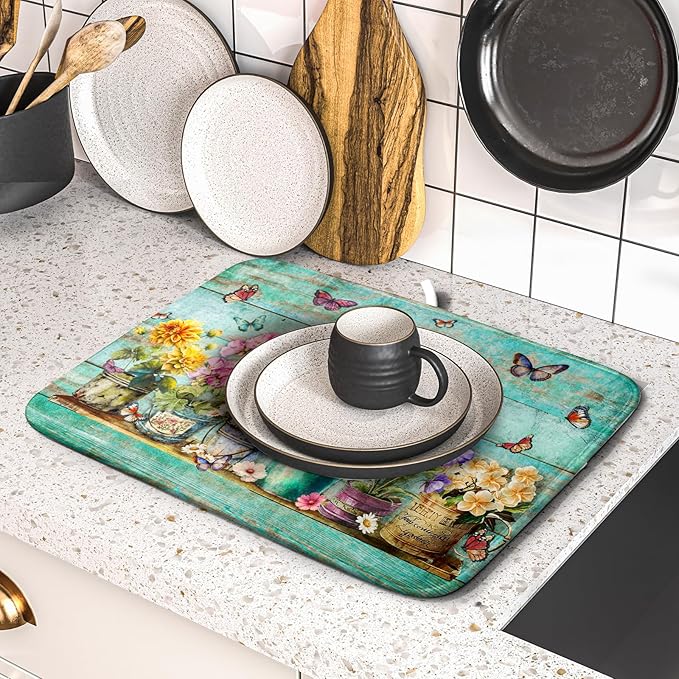 Flower Dish Drying Mat for Kitchen Counter 16x18 Inch Rustic Vintage Microfiber Absorbent Dishes Drainer Mats - Image 5