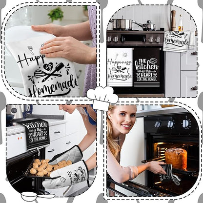 Sratte 6 Pcs Kitchen Decor Accessories Set Farmhouse Towels Pot Holders Oven Mitts Set 2 Dish Towels 2 Potholders 2 Cooking Mittens Oven Glove for Christmas Baking Cooking Supply(White,Kitchen) - Image 4