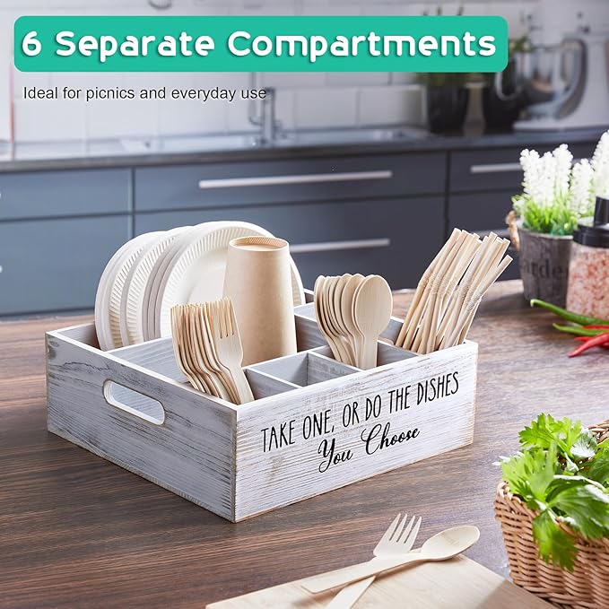 ALELION Rustic White Plate and Utensil Caddy, 6-Compartment Paper Plate and Cutlery Holder with Handles, Kitchen and Party Organizer for BBQs, Picnics, and Gatherings - Image 2