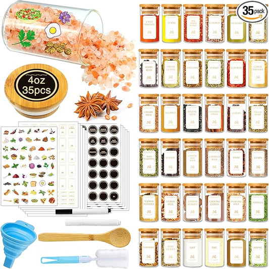 BGraceyy Spice Jars with Labels, 35 Pcs 4 oz Glass Spice Jars with Bamboo Lids, Minimalist Stackable Airtight Spice Containers with 426 labels for Home Kitchen, Pantry, Spice Cabinet, Drawer, Rack by BGraceyyMoments