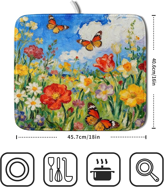 Cute Floral Dish Drying Mat Small for Kitchen Counter 16x18, Spring Summer Decorative Absorbent Reversible Microfiber Kitchen Countertop Protector Dishes Drainer Pad, Watercolor Flower Butterfly - Image 2