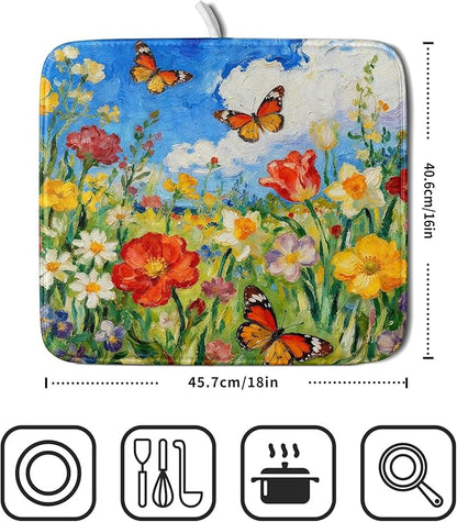 Cute Floral Dish Drying Mat Small for Kitchen Counter 16x18, Spring Summer Decorative Absorbent Reversible Microfiber Kitchen Countertop Protector Dishes Drainer Pad, Watercolor Flower Butterfly - Image 2