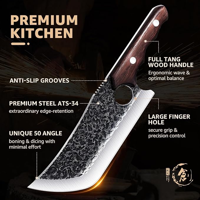 DRGSKL Hand Forged Meat Cleaver Knife Fathers Butcher Knives for Meat Cutting Full Tang Chef Knife with Belt Sheath and Gift Box High Carbon Steel for Kitchen or Camping, Gift for Dad - Image 3