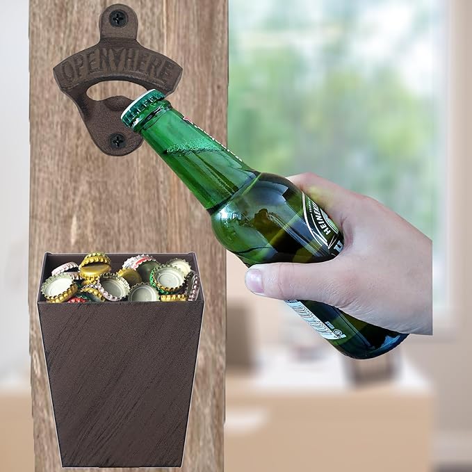 Rustic Cast Iron Beer Bottle Opener Wall Mounted with Cap Catcher Vintage Narrow Bundle - Image 4