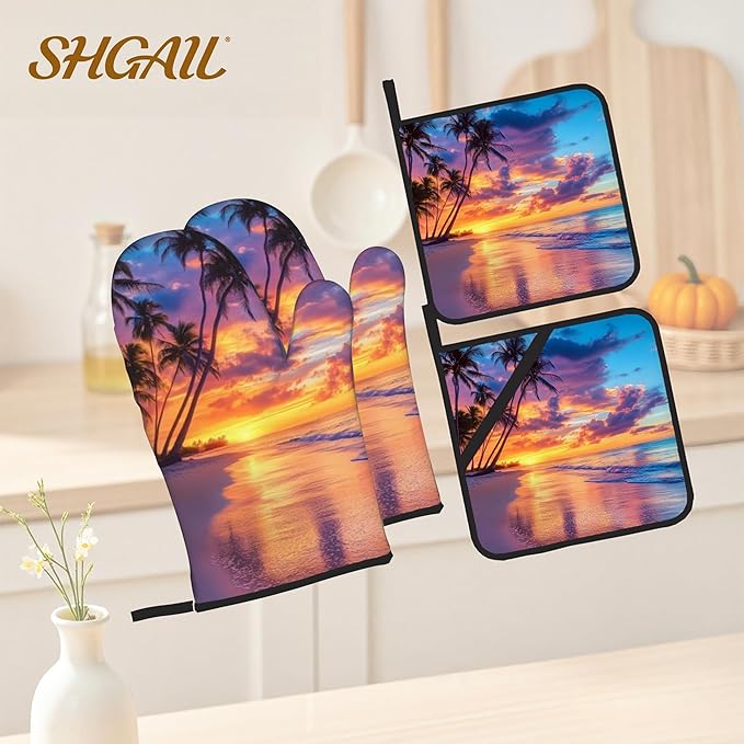 Palm Tree Seaside Pattern Oven Gloves and Hot Pads Set - Heatproof Hand Protection for Baking, Grilling, Cooking, Gifts for Women 4Pcs