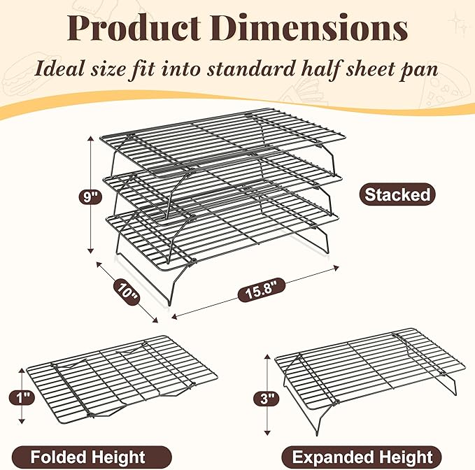 Cooling Racks for Cooking and Baking - 3 Tier Stackable Grid Wire Baking Rack for Oven Cooking, Baking, Grilling, Roasting - Dishwasher Safe Bacon Rack - Black - Image 2