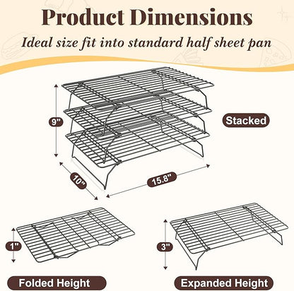 Cooling Racks for Cooking and Baking - 3 Tier Stackable Grid Wire Baking Rack for Oven Cooking, Baking, Grilling, Roasting - Dishwasher Safe Bacon Rack - Black - Image 2