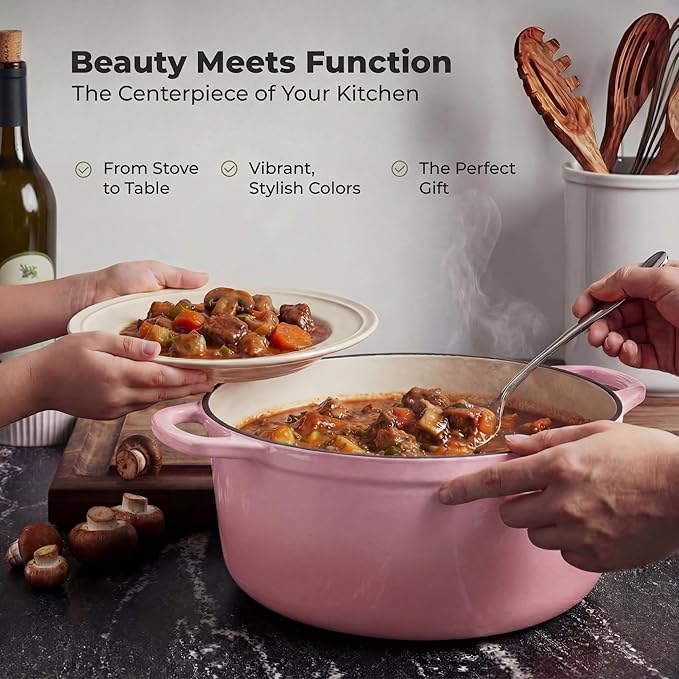Zulay Kitchen 7.7 Quart Enameled Cast Iron Dutch Oven Pot with Lid – Premium Durability & Oven Safe up to 500°F – Heavy Duty Cookware Perfect for Bread Baking, Stews, Braising & Roasting – Pink - Image 7