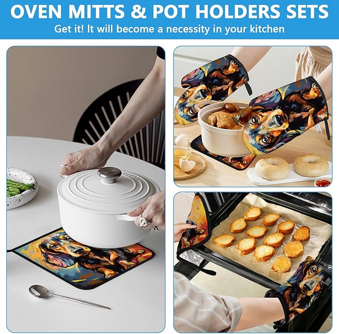 Watercolor Dog Oven Mitts and Pot Holders Sets Heat Resistant 4Pcs Potholders Oven Gloves Hot Pads for Kitchen Baking Cooking Grilling BBQ