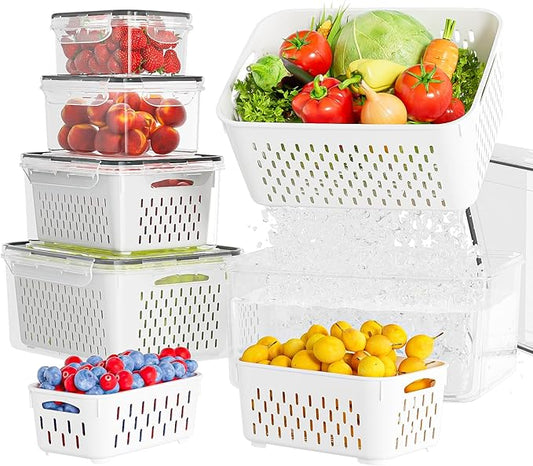 KEMETHY 5 Pack Fruit Storage Containers for Fridge with Removable Colanders - Food Storage Containers with Lids, BPA-Free Produce Containers Keep Fruits, Vegetables, Berry, Meat Fresh Longer