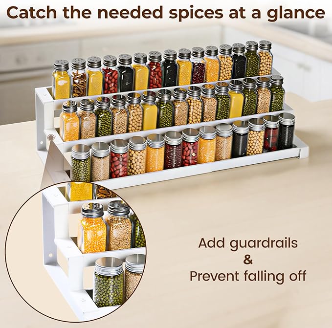 3-Tier Spice Rack Organizer for Kitchen Cabinet or Pantry, 16"-29" Expandable Spice Organization Shelf, Seasoning Organizer, Metal Display Shelf, Slip-Resistant Design for Jars and Bottles, White - Image 3