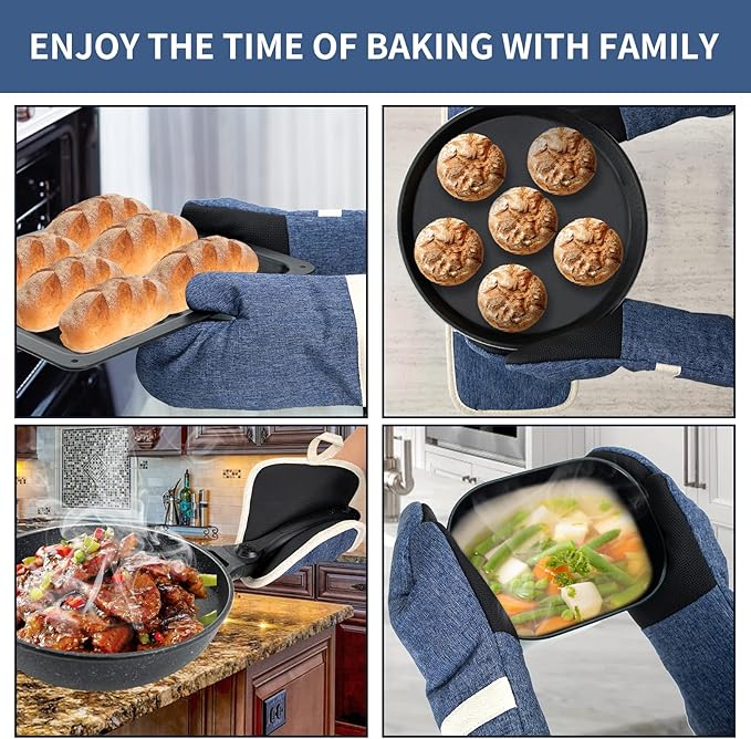 Oven Mitts and PotHolders Sets, 4 Pcs Kitchen Oven Glove High Heat Resistant 400°F Pot Holders for Kitchen, Non-Slip Neoprene Oven Mitts are Suitable for Cooking, Baking (Blue) - Image 2