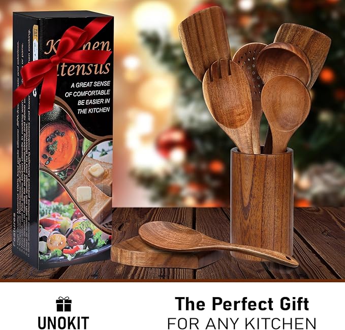 Unokit Cooking Utensils Set for Kitchen - 8 Piece Nonstick Natural Teak Wooden Spoons for Cooking, Comfort Grip Kitchen Utensils Set, Teak Wooden Utensil Set with Holder and Spoon Rest - Image 7