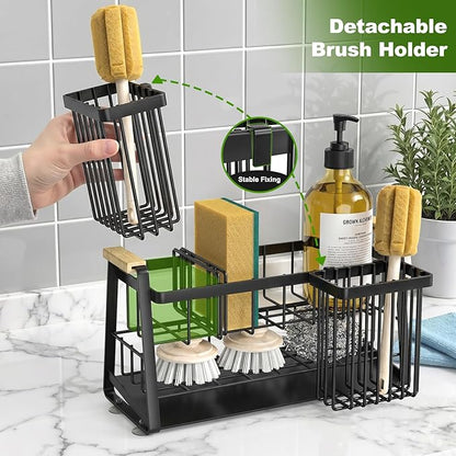 Housolution Sink Caddy Organizer, 2-Tier Sponge Holder for Kitchen Sink with Flexible High Brush Holder, Kitchen Countertop Storage Accessories, Soap Dispenser Organizer, Rustproof