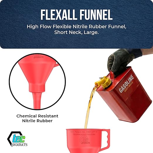 TEC Products FlexAll Short Neck Funnel - Flexible Funnel w/Hose for Automotive Use - Durable Nitrile Rubber - Car Oil Change, Transmission Fluid, Diesel, Gas - USA Made - Large (11 x 5.73 Inches)
