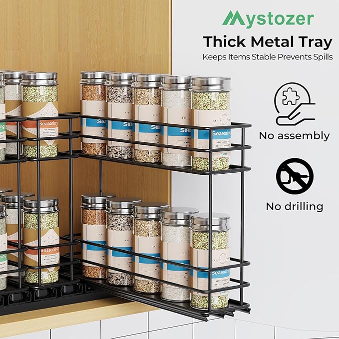 Mystozer Pull Out Spice Rack Organizer for Cabinet, Slide Out Spice Racks, Easy to Install Spice Cabinet Organizers, 7.4" Wx10.43 Dx8.26 H, 3 Drawers 2 Tiers(Black) - Image 7