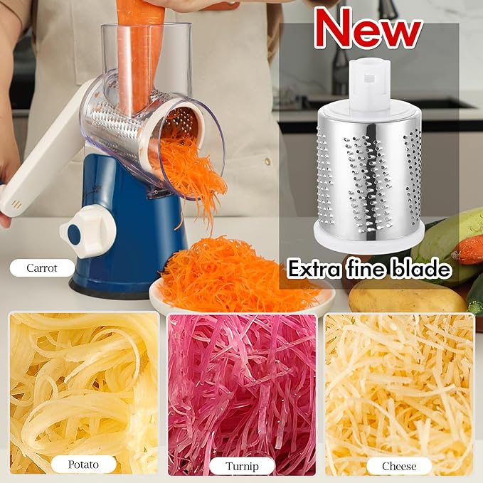 Ourokhome Rotary Cheese Grater Hand Crank, Kitchen Shredder Speed Mandolin Slicer Ice Shaver with Handle and Drum Blades for Cheese, Vegetable, Nuts, Chocolate, Potato, Carrot, 5 Blades, Dark Blue - Image 3
