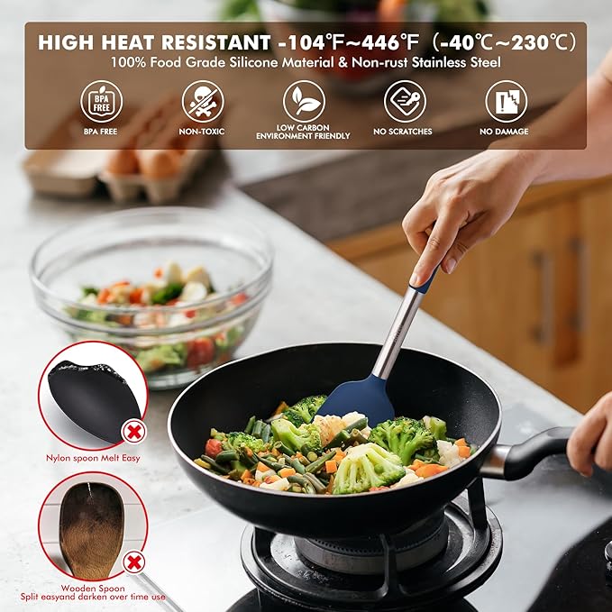 HOTEC 446°F Heat Resistant Silicone Kitchen Utensils, BPA Free Cooking Utensil Set, Spatula Set, Kitchen Gadgets, with Stainless Steel Utensils Holder, Dishwasher Safe, 14pcs Classic Blue - Image 2