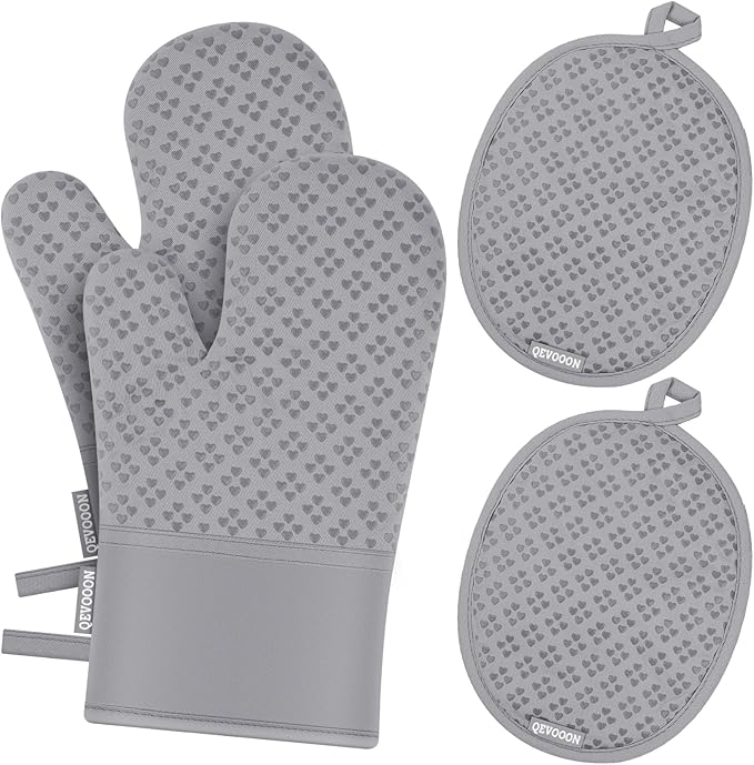 Oven Mitts and Pot Holders 4 Sets, Heat Resistant 500 ℉ Oven Mitt and Pot Holder,Oven Glove&Potholders with Non-Slip Silicone Surface,Kitchen Essentials for Cooking/Baking/BBQ-Grey by QEVOOON