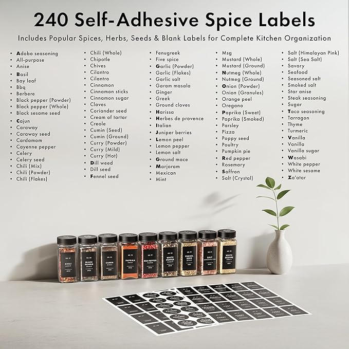 EDELHAUS Glass Spice Jars with Label and Black Lids (24 x 4oz) Spice Containers with 240 Labels, Shaker Inserts, Steel Funnel, Empty Square Empty Square Seasoning Organizer - Image 7
