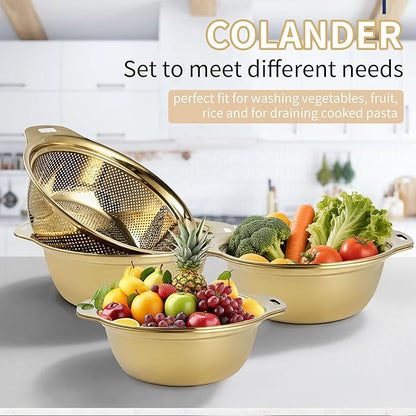 Colander 304 Stainless Steel 5-quart with Mixing Bowls, Strainer for Kitchen Food For washing vegetables, fruit, rice, Dishwasher Safe. (Gold 2PC) - Image 6