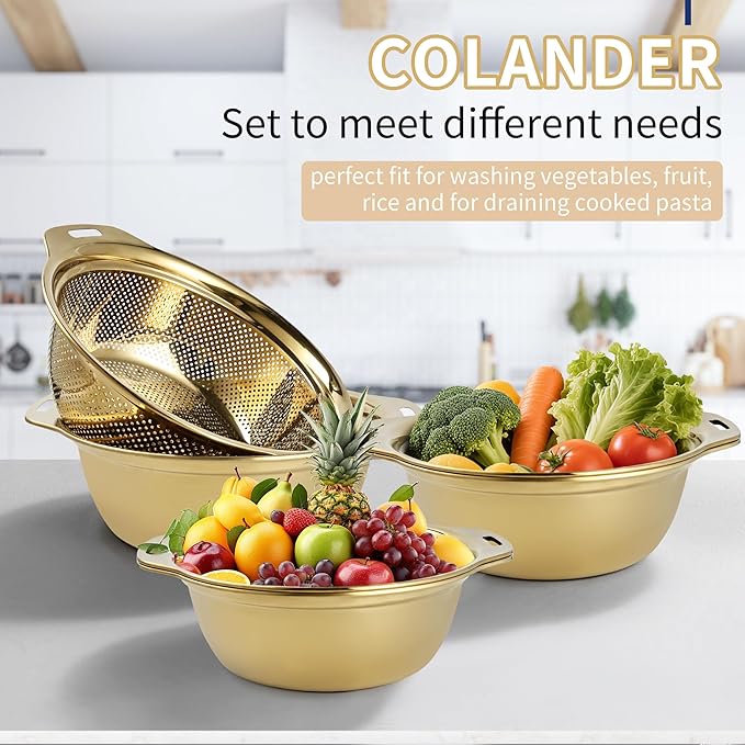 Colander 304 Stainless Steel 4-quart with Mixing Bowls, Strainer for Kitchen Food For washing vegetables, fruit, rice, Dishwasher Safe. (Gold 2PC) - Image 6